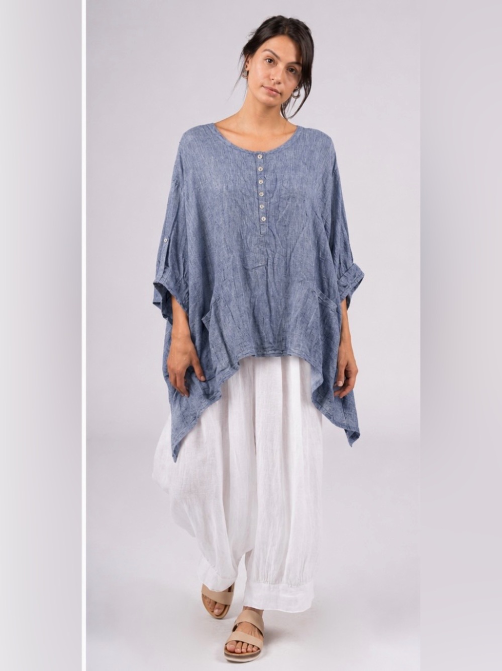Jones New York Blue Linen Asymmetrical Flowy Boho Pocket Blouse Size 1X